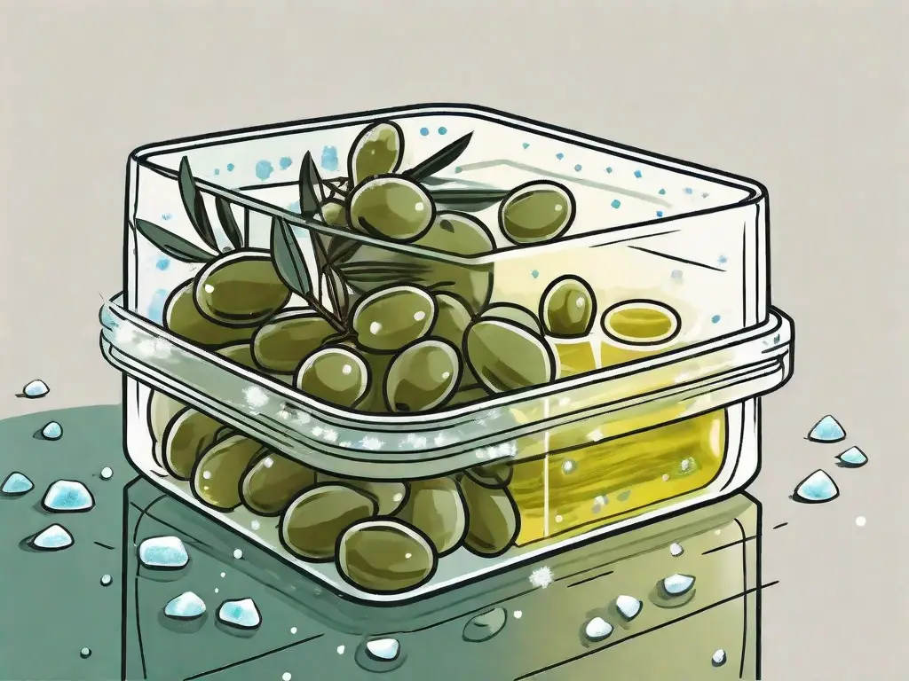 A glass container filled with olive oil