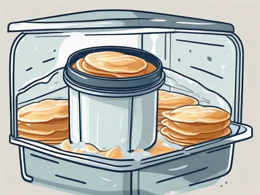 A freezer with a container of pancake batter inside it