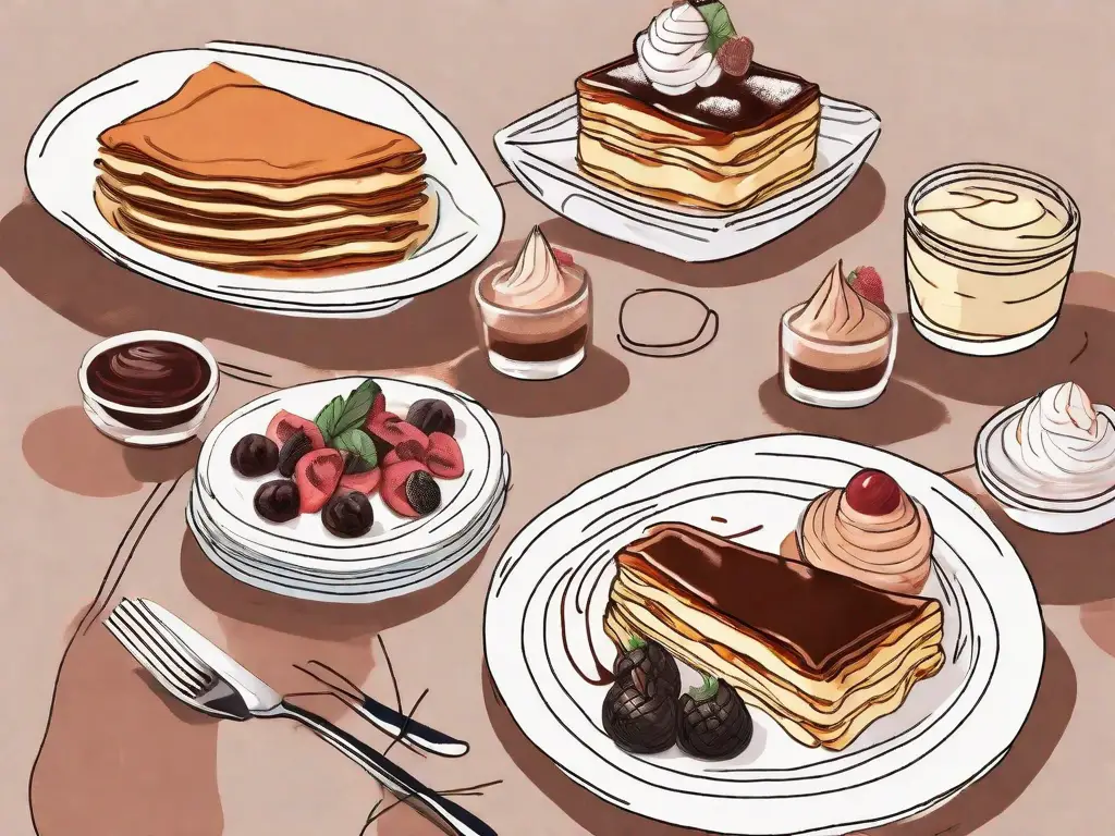 A dining table with a main dish of lasagna surrounded by various desserts such as tiramisu