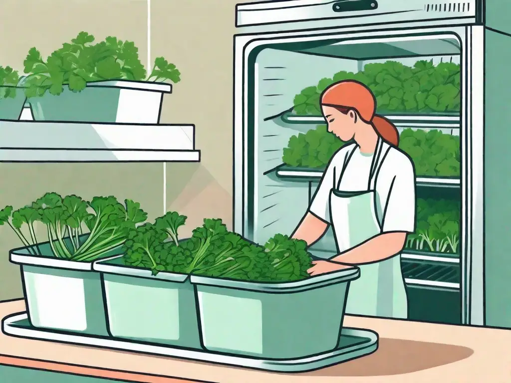 Fresh parsley being placed into a freezer safe container