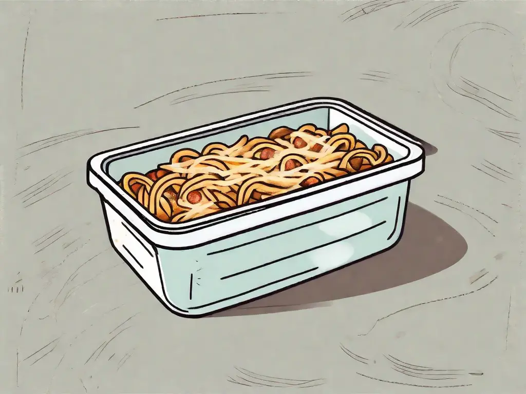 A pasta bake in a freezer-safe container placed inside a freezer