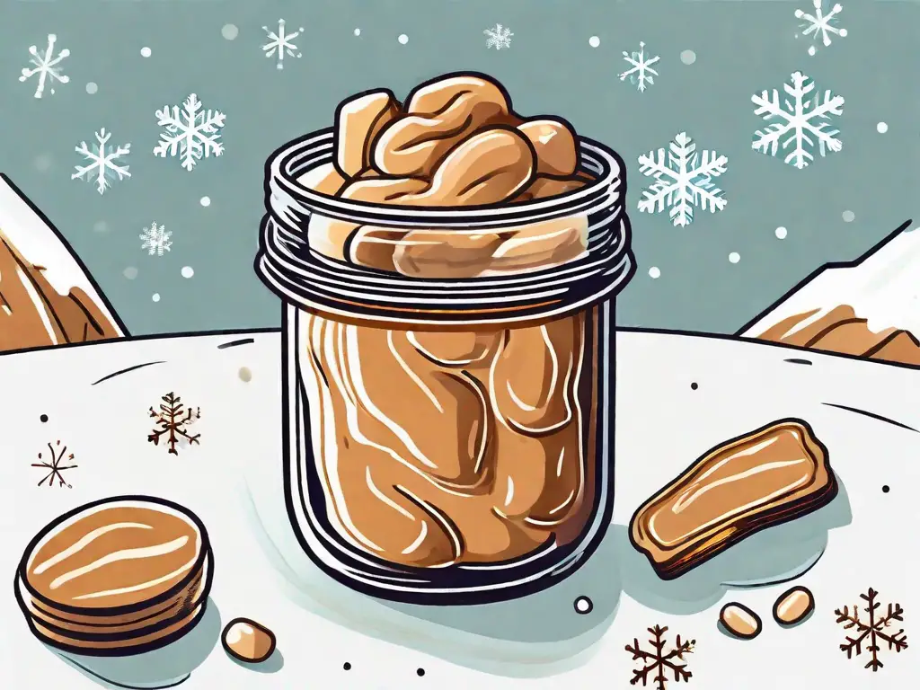 A jar of peanut butter surrounded by ice and snowflakes