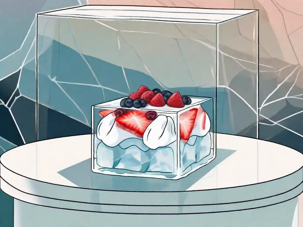 A pavlova dessert encased in a block of ice