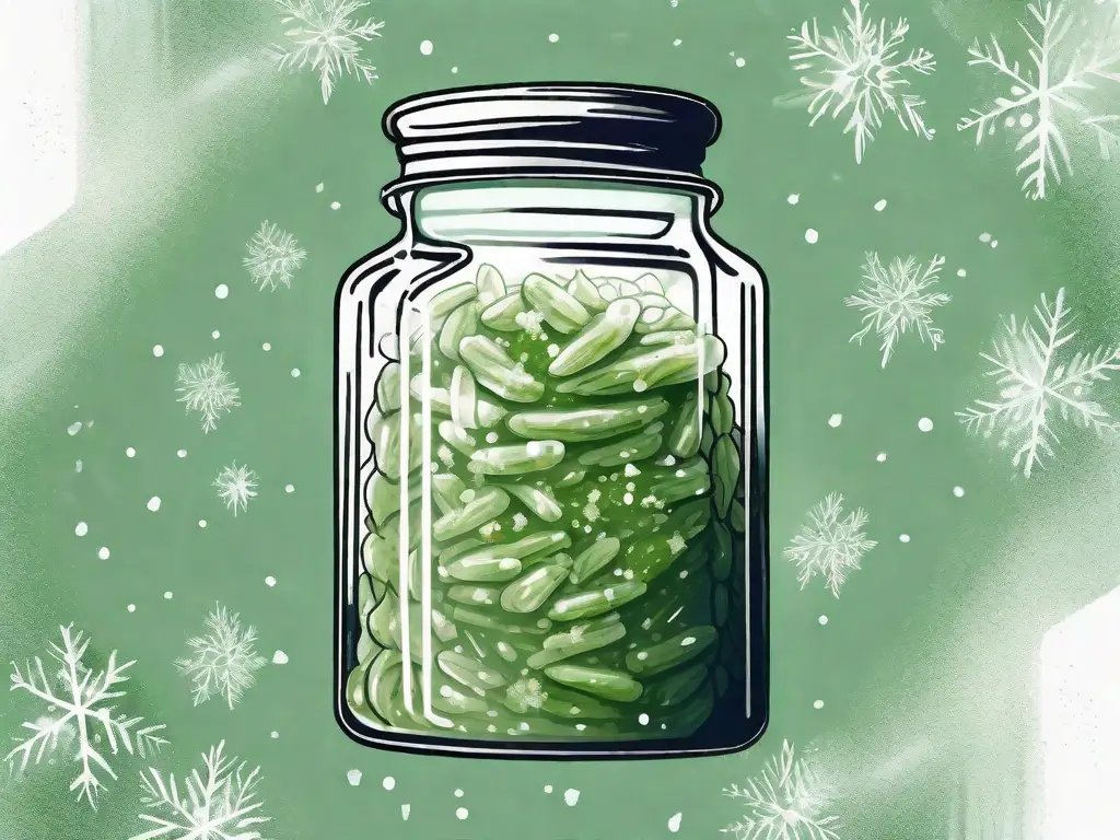 A jar of pesto sauce surrounded by ice crystals