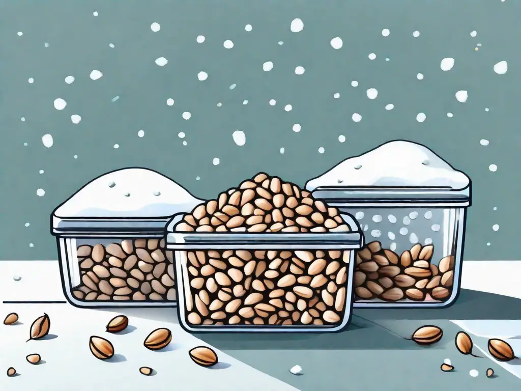 A collection of pine nuts in a freezer-safe container