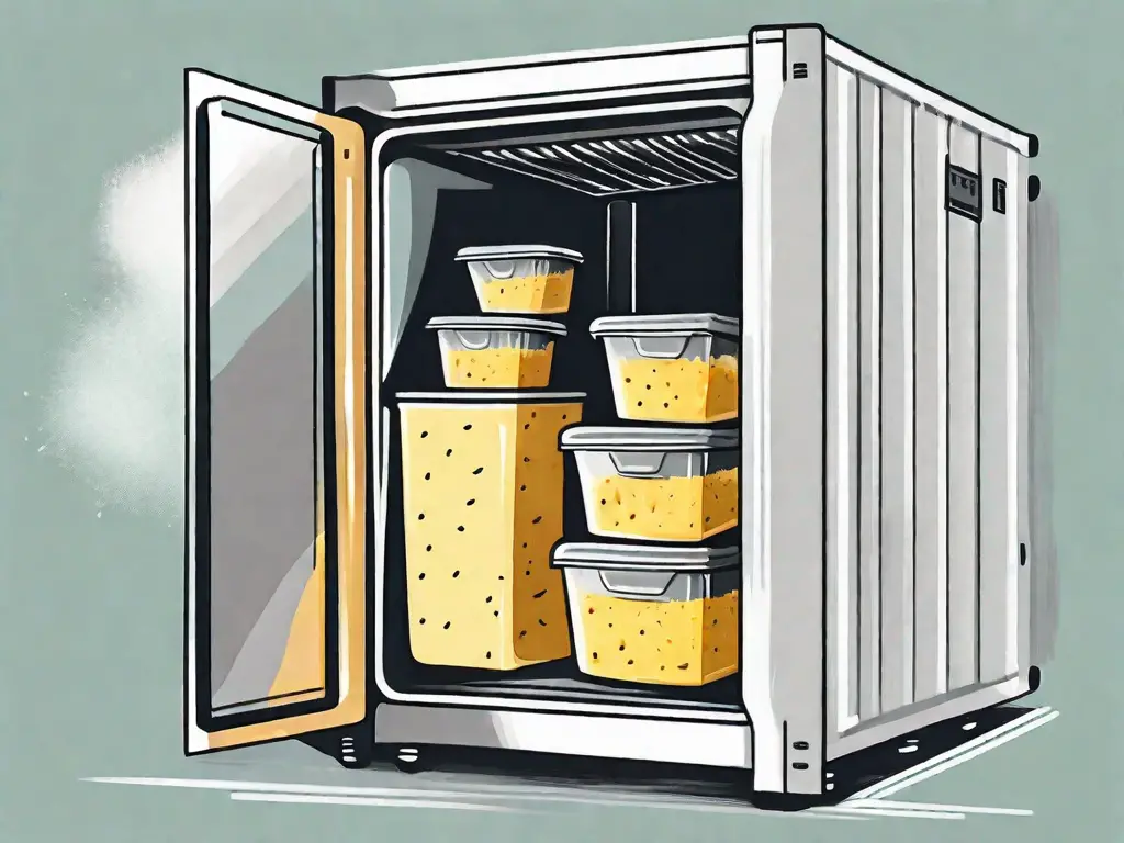 A freezer with a container of polenta inside it