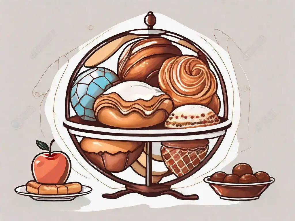 A globe adorned with various iconic desserts from around the world