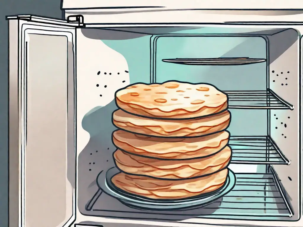 A stack of potato cakes next to an open freezer