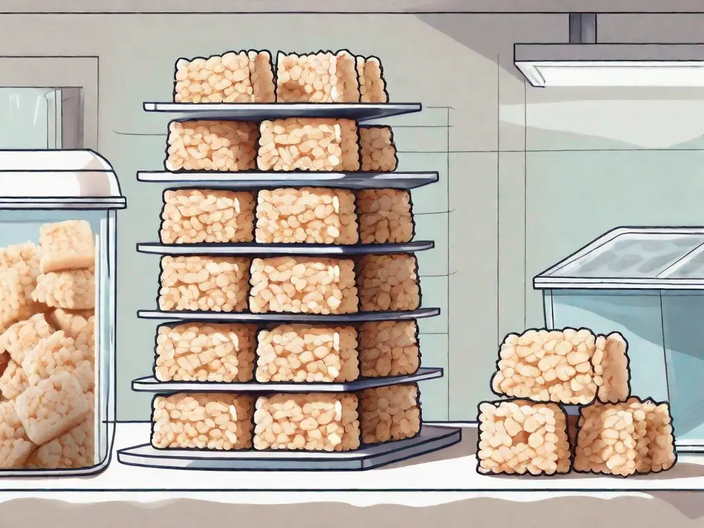 A stack of rice krispie treats inside a freezer