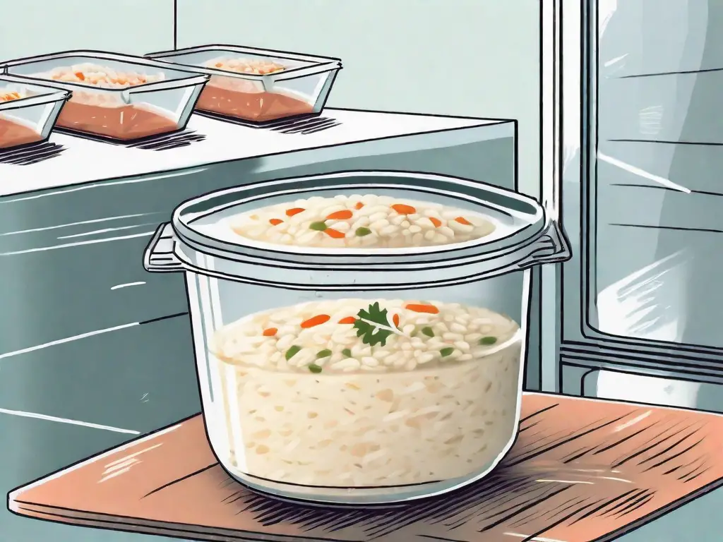 A risotto dish in a freezer-safe container with a frosty background to signify freezing