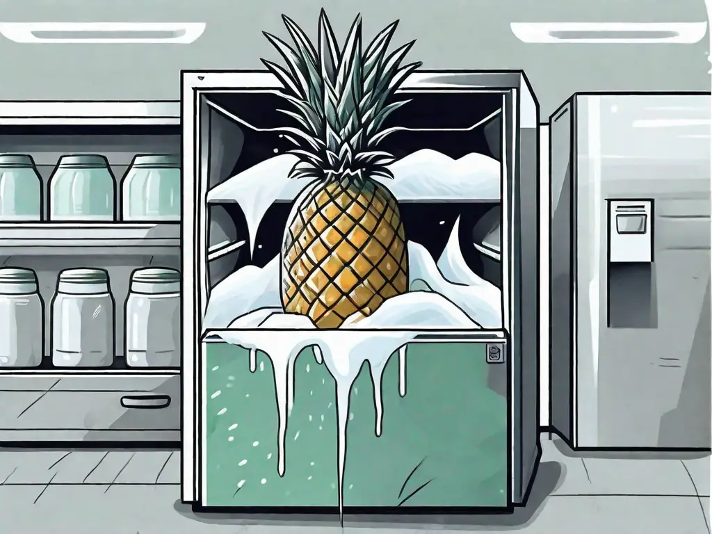 A pineapple being placed into a freezer