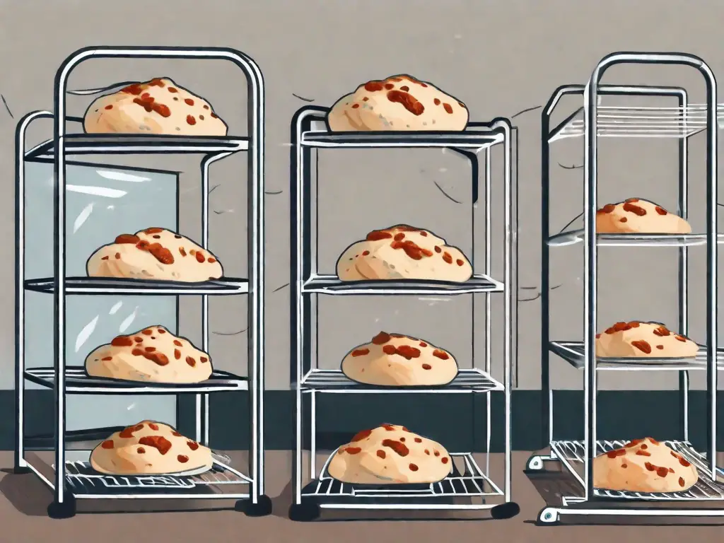 Freshly baked scones on a cooling rack with a freezer in the background