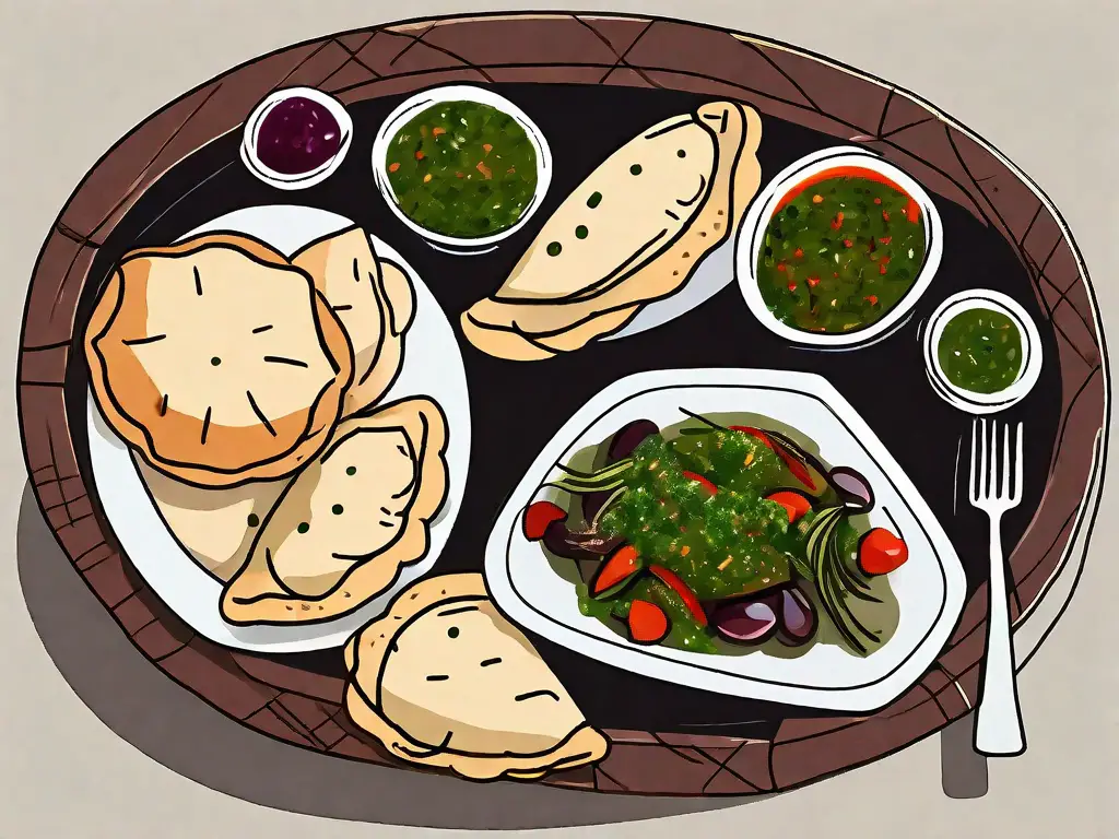 Various traditional dishes such as a bowl of chimichurri sauce