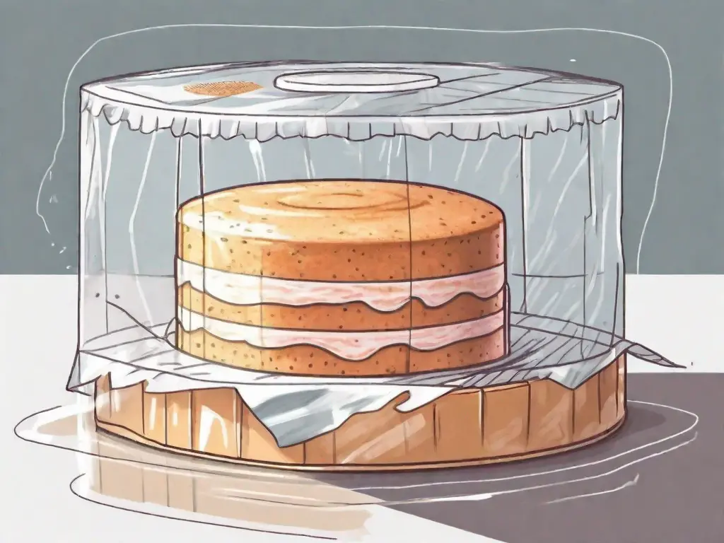 A sponge cake being wrapped in cling film