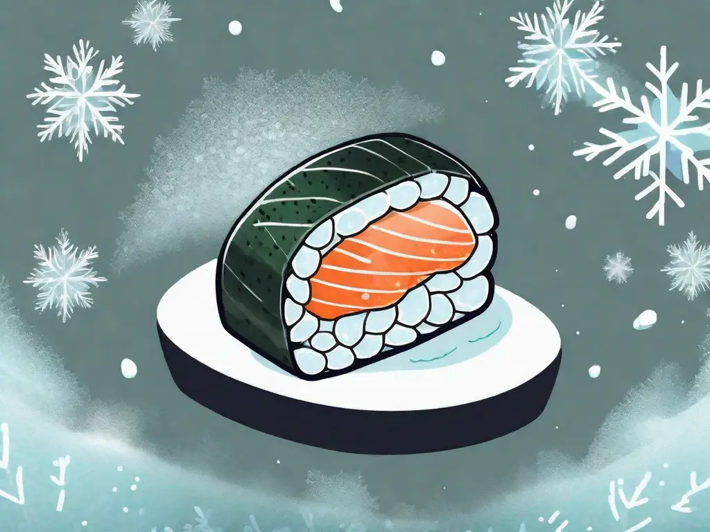 A sushi roll surrounded by ice crystals