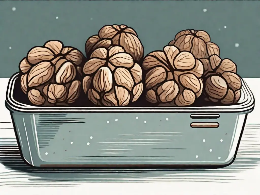 A group of walnuts inside a frosty freezer