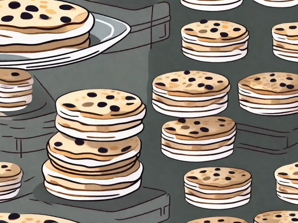 A stack of welsh cakes on a plate with a freezer in the background