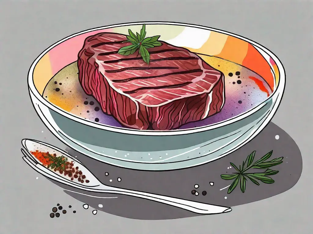 A frozen steak soaking in a colorful marinade inside a clear glass bowl