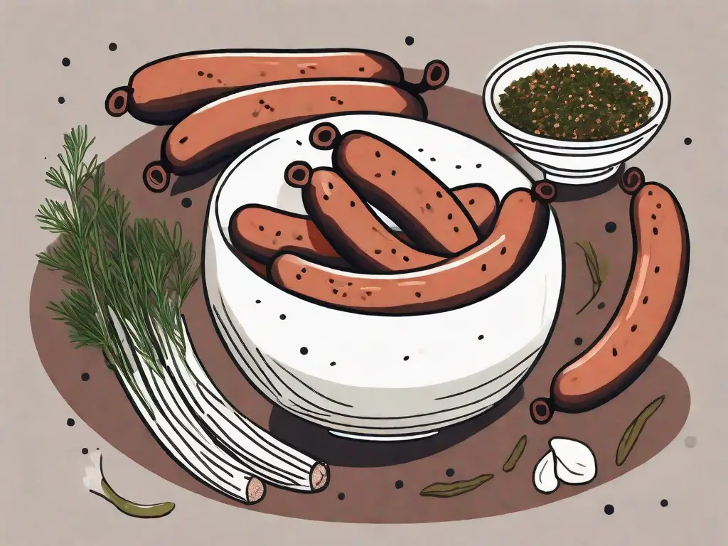 A few sausages soaking in a bowl of marinade