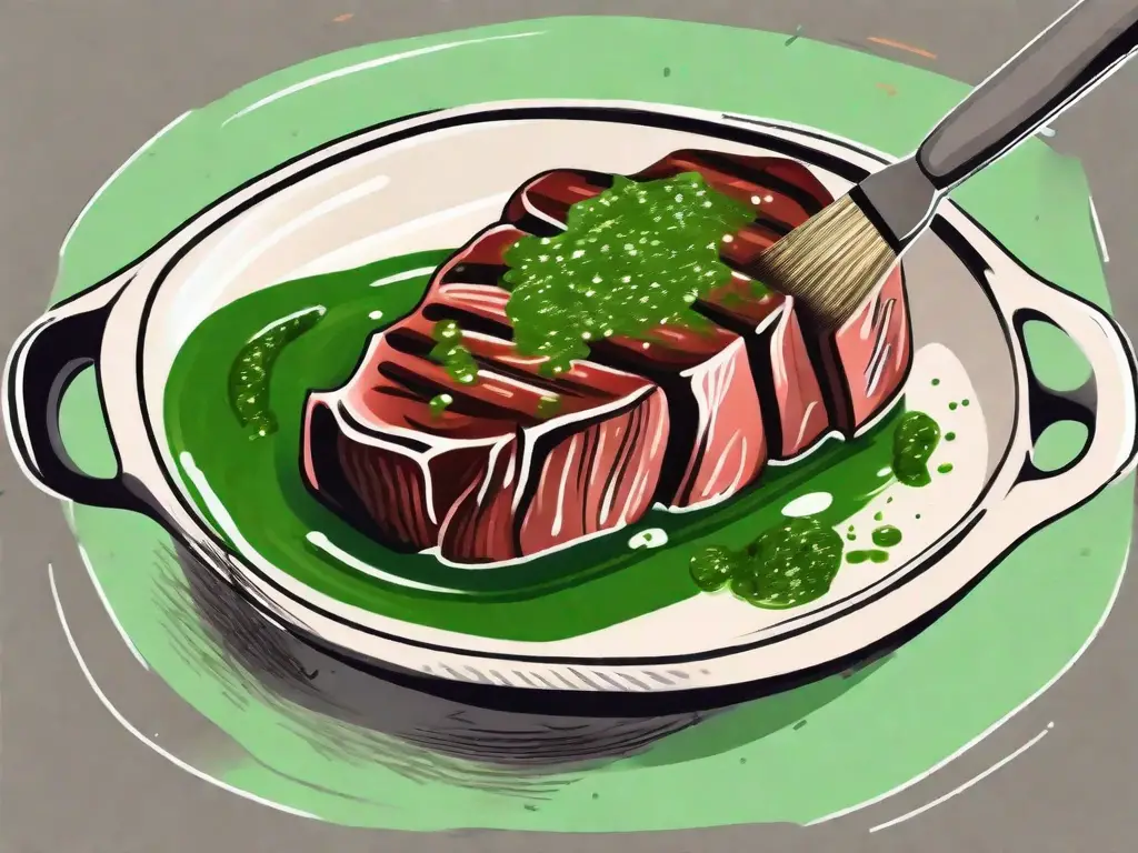 A steak being marinated in a bowl of vibrant green chimichurri sauce