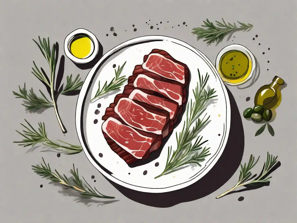 A steak being marinated in a bowl with olive oil and various herbs