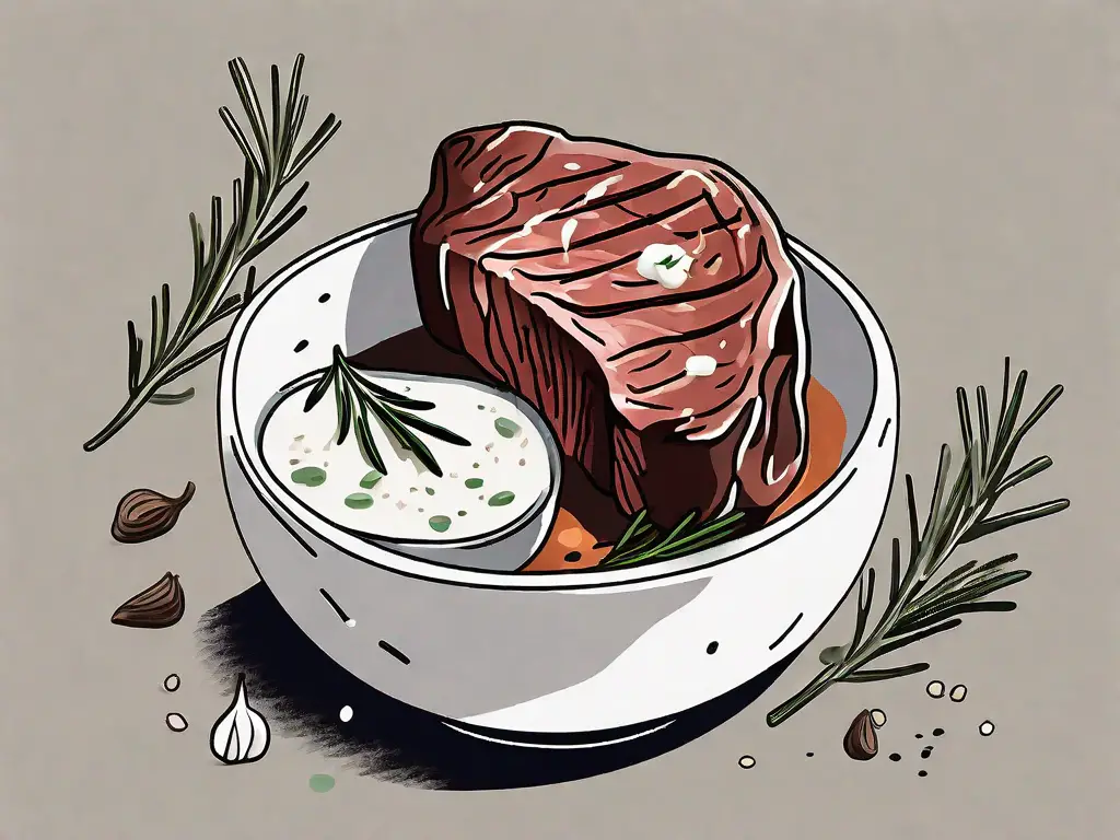 A steak soaking in a bowl of ranch dressing with a sprig of rosemary and a garlic clove nearby