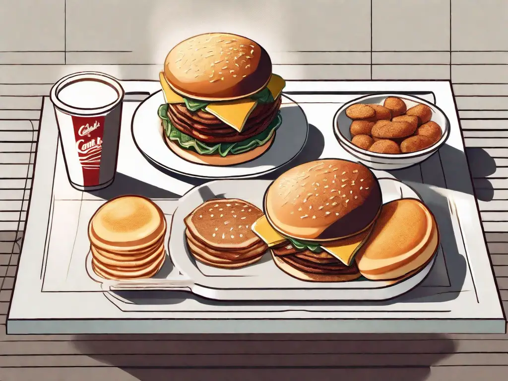 A carls jr restaurant with morning sunlight shining on it and a stylized depiction of various breakfast menu items such as burgers