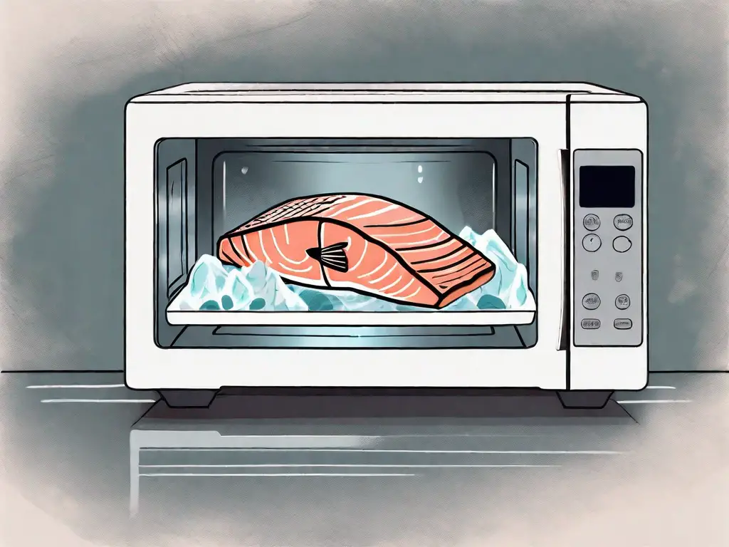 A frozen salmon inside a microwave