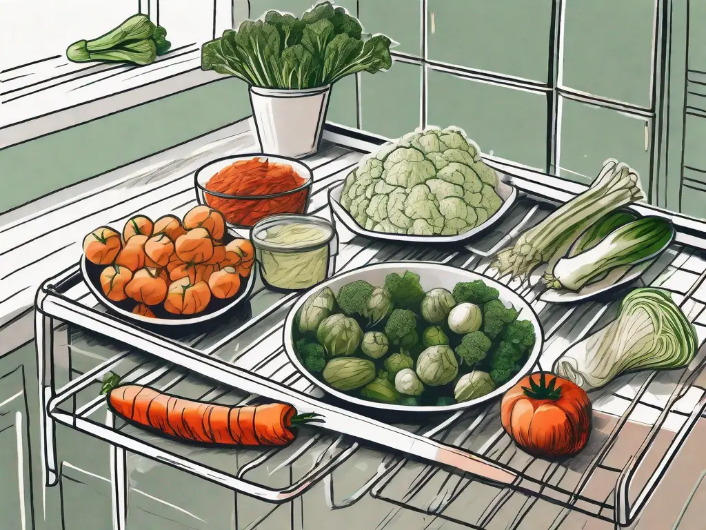 Various types of vegetables spread out on a dehydrating rack