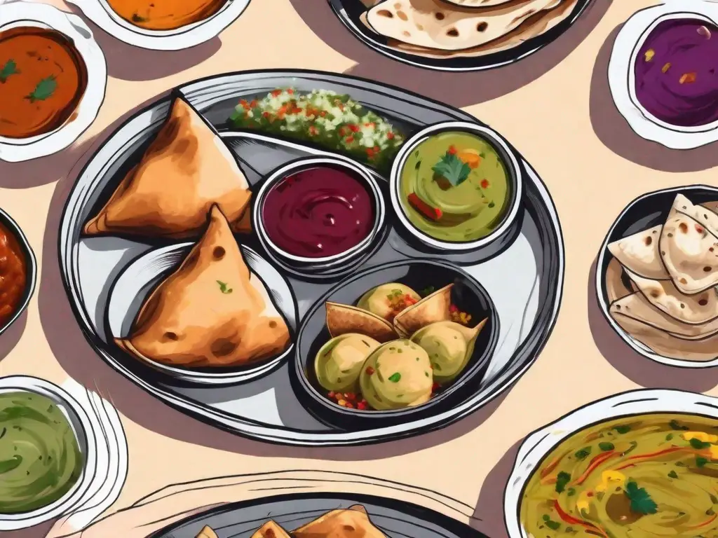 A variety of colorful indian side dishes like samosas