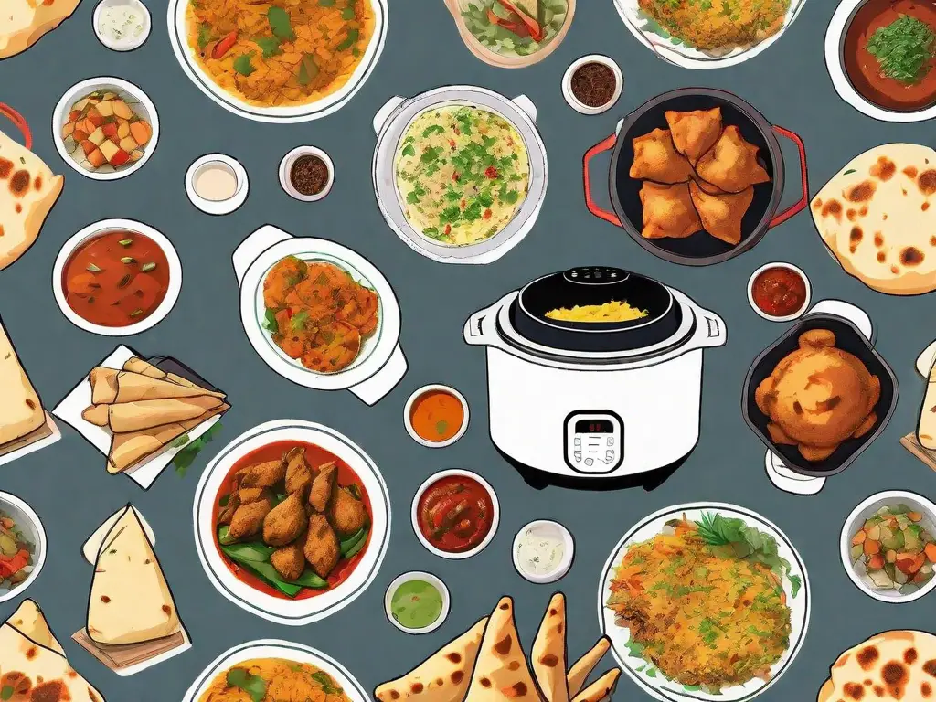 An instant pot air fryer surrounded by various colorful and aromatic indian dishes like samosas