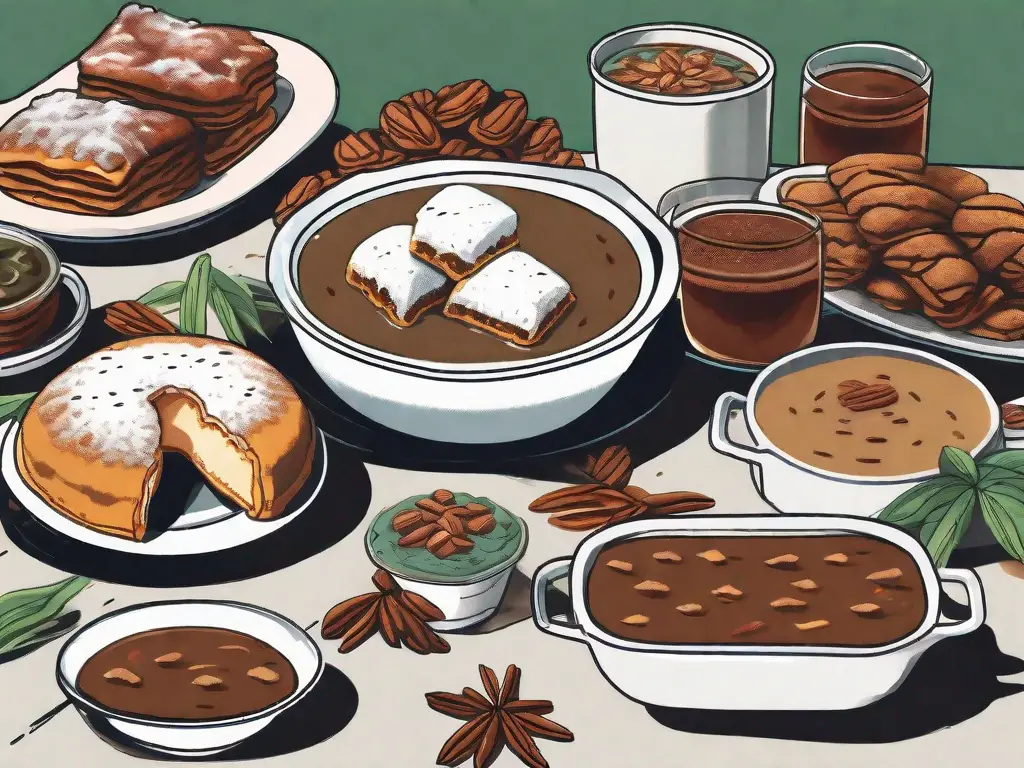 A table spread featuring gumbo in a large bowl