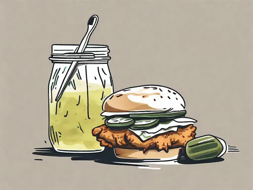 A chick fil a chicken sandwich with a jar of pickle juice and a marinating brush nearby