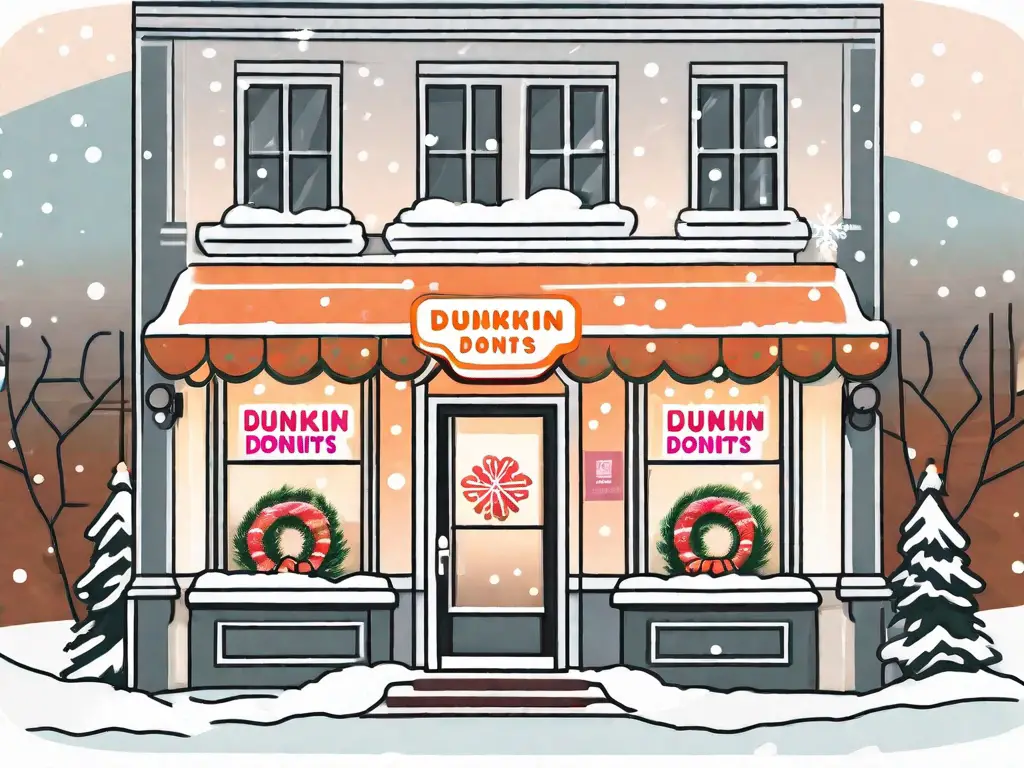 A dunkin donuts store with festive decorations like christmas lights and wreaths on the door