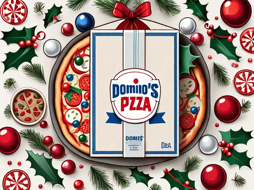 A dominos pizza box with a festive holiday ribbon around it
