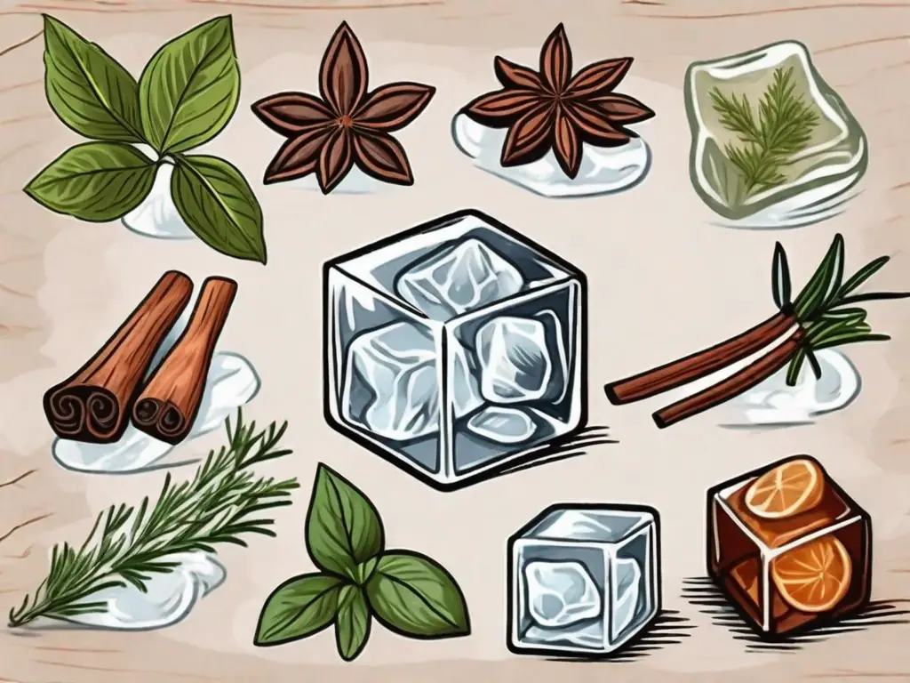 Various herbs and spices frozen in ice cubes