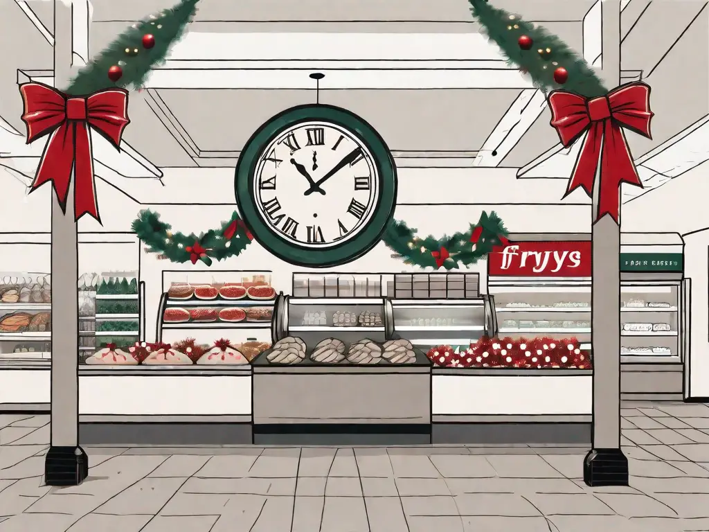 A frys food store adorned with festive holiday decorations such as lights