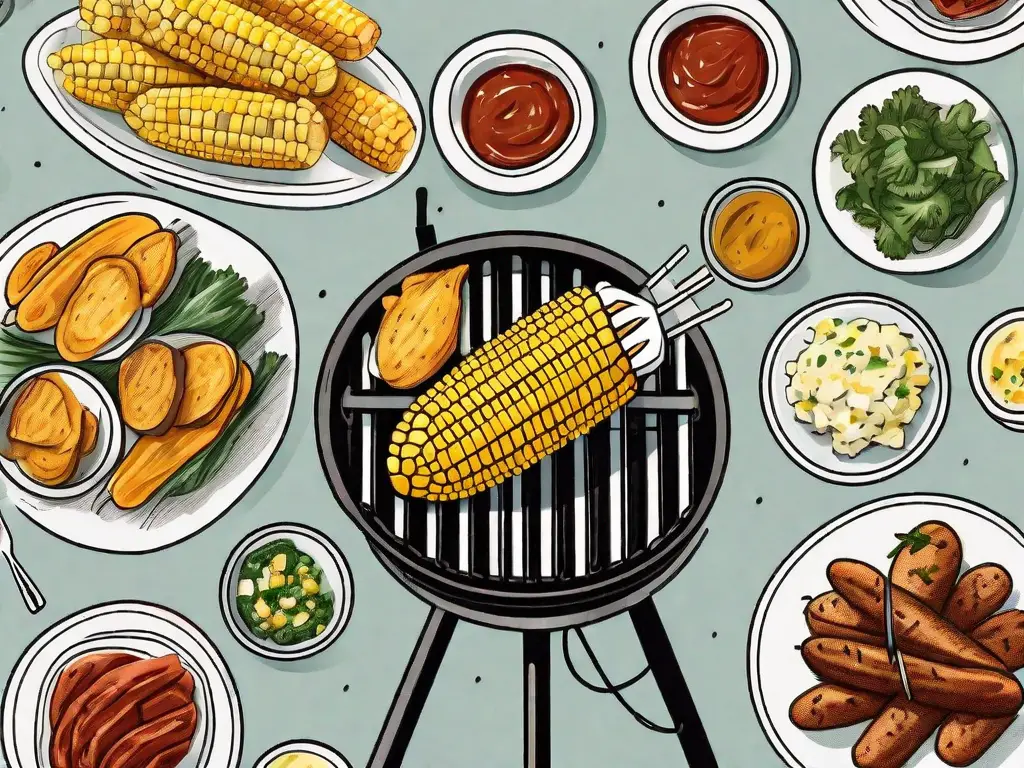 A bbq grill surrounded by various gluten-free side dishes such as corn on the cob