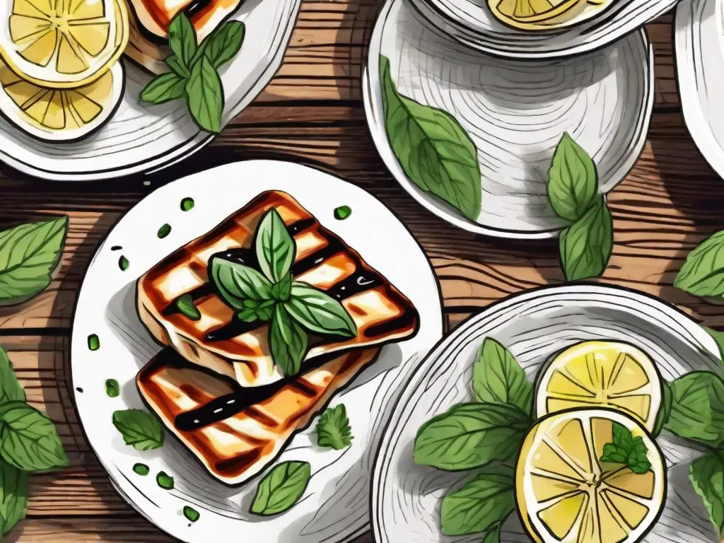 A delicious-looking dish of grilled halloumi cheese garnished with mint leaves on a rustic wooden table