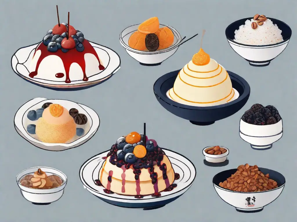 A variety of popular korean desserts such as bingsu (shaved ice with toppings)