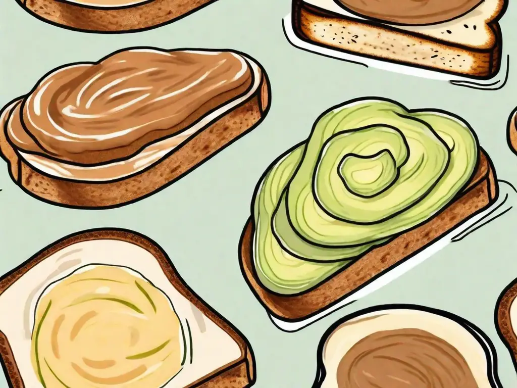 A slice of toast with various healthy butter substitutes like avocado