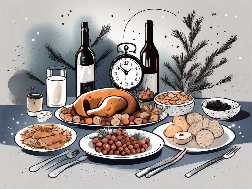 A festive table setting with different types of holiday foods and drinks