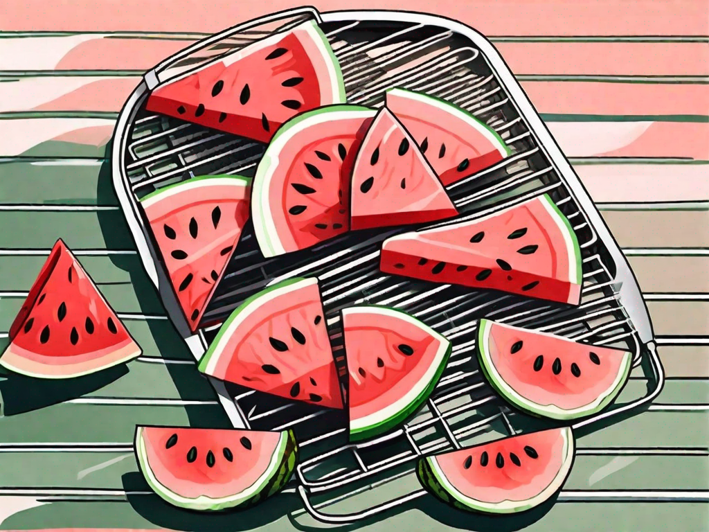 Sliced watermelon pieces arranged on a dehydrator tray