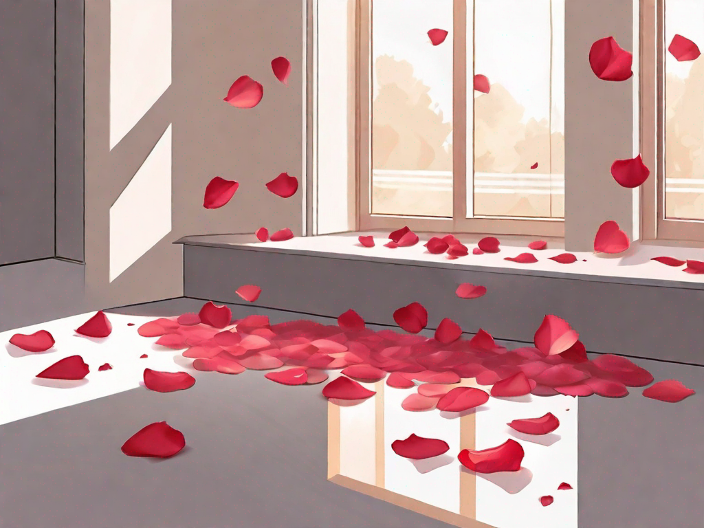 A few rose petals spread out on a flat surface