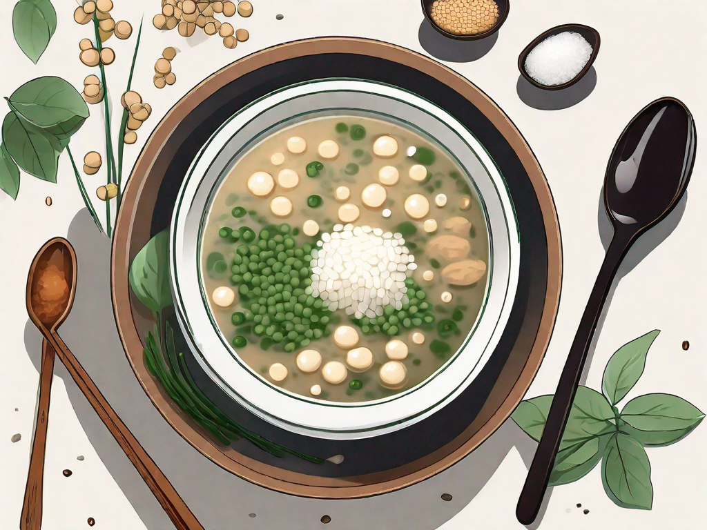 A bowl of miso soup with a spoon