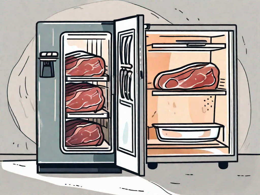 A marinating steak inside a refrigerator with a timer next to it