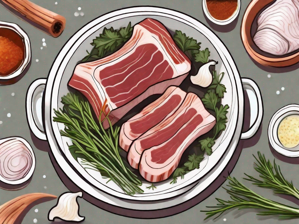 A raw pork belly soaking in a bowl filled with various marinade ingredients like garlic