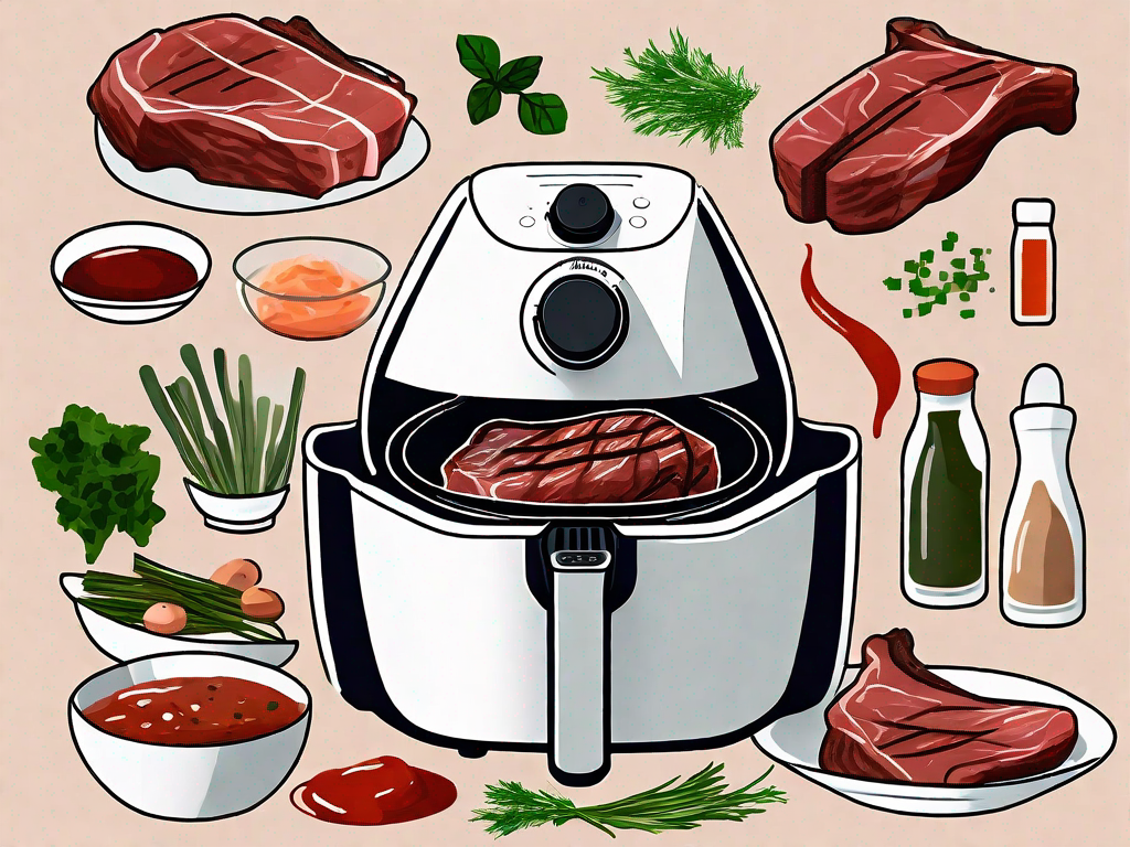 An air fryer with a juicy steak inside