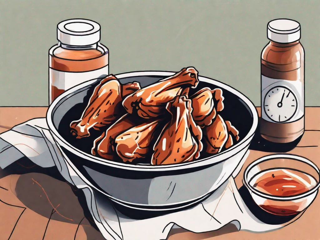 A timer next to a bowl of marinating chicken wings