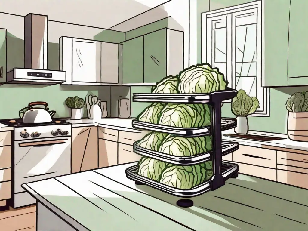 Sliced cabbage spread on a dehydrator rack
